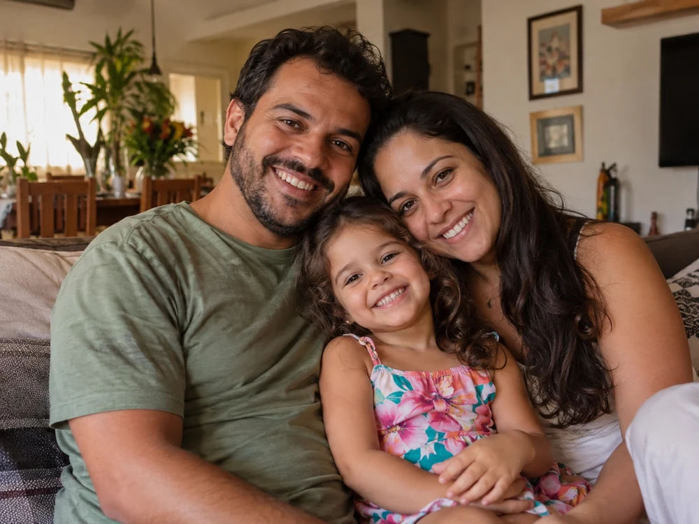 Foto real de pai, mãe e filha
