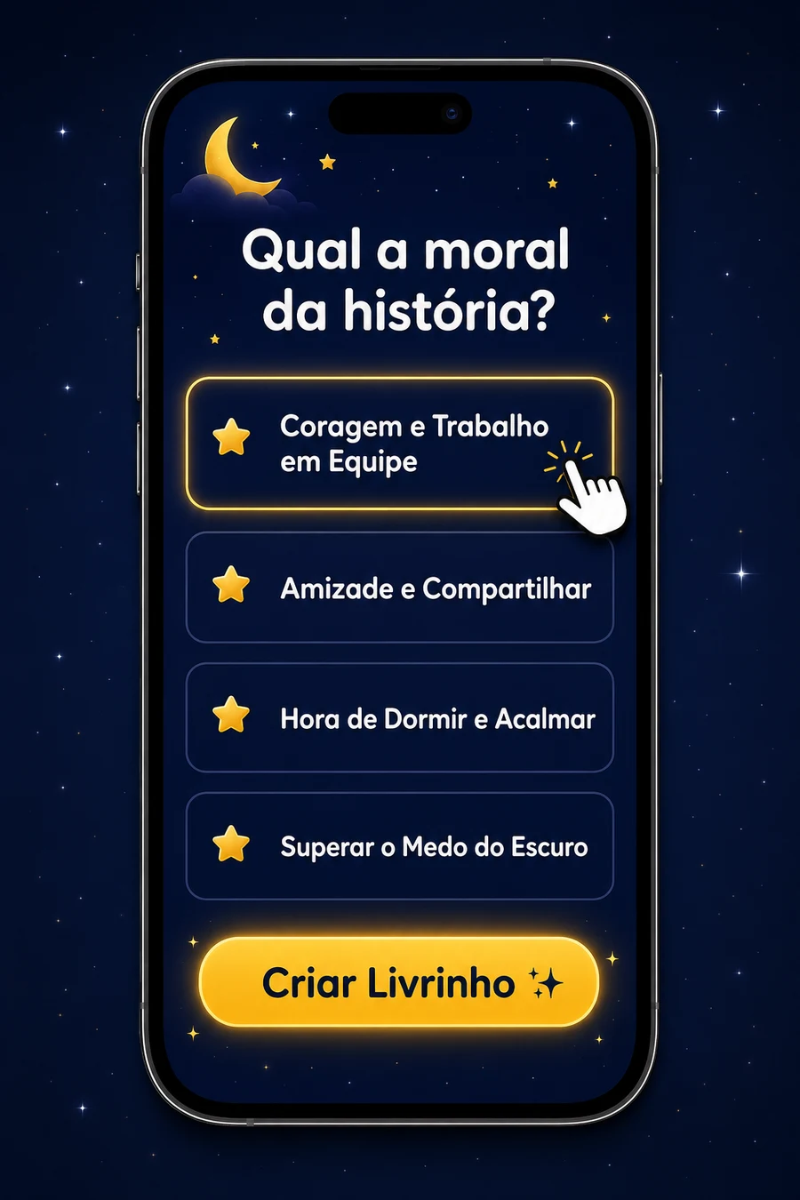 Mockup da tela escolhendo a moral da história