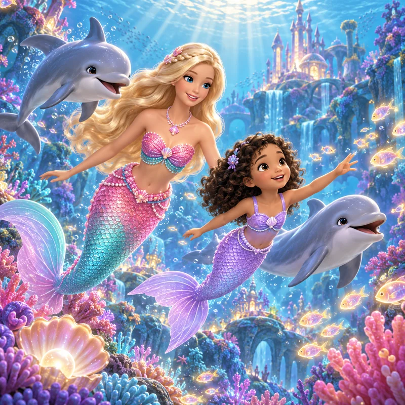 Barbie sereia e uma criança no jardim de corais
