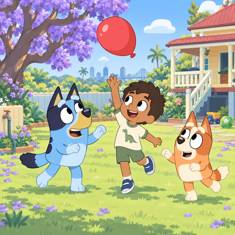 Uma criança brincando com Bluey e Bingo no quintal