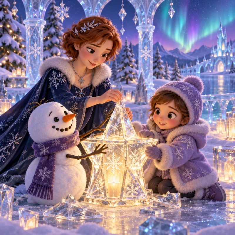 Uma princesa, um boneco de neve e uma criança criando uma estrela de gelo