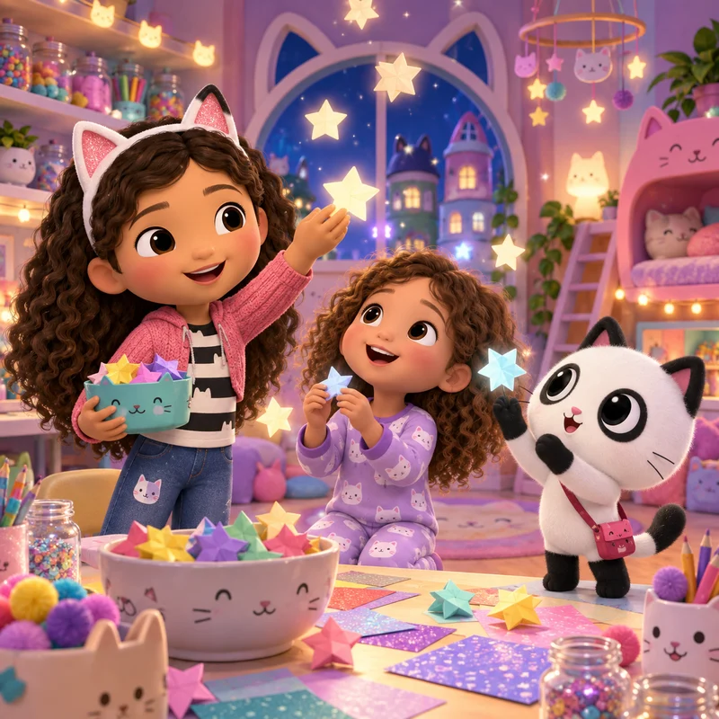 Gabby e Pandy com uma criança na casa mágica